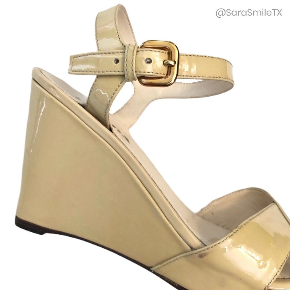 PRADA Nude Designer Patent Leather Wedge Sandals - Picture 10 of 10